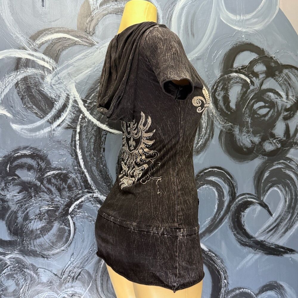 Fleur de Lis Mini Dress Top Black Acid Wash Y2K Hooded Rhinestone S